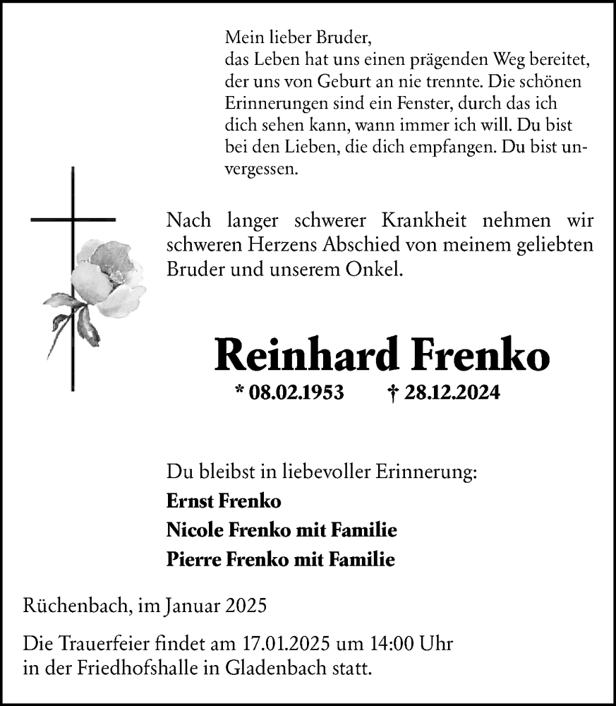  Traueranzeige für Reinhard Frenko vom 11.01.2025 aus Hinterländer Anzeiger
