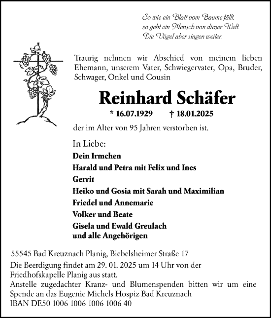 Traueranzeige von Reinhard Schäfer von Allgemeine Zeitung Rheinhessen-Nahe
