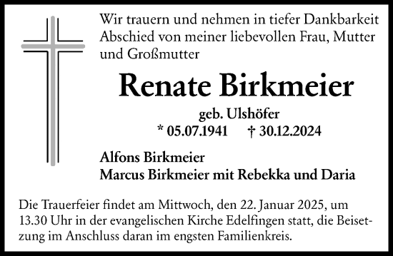 Traueranzeige von Renate Birkmeier von Wiesbadener Kurier