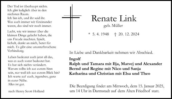 Traueranzeige von Renate Link von Darmstädter Echo