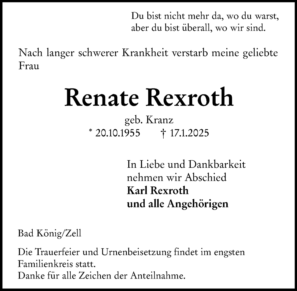  Traueranzeige für Renate Rexroth vom 25.01.2025 aus Odenwälder Echo