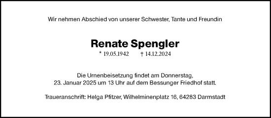 Traueranzeige von Renate Spengler von Darmstädter Echo