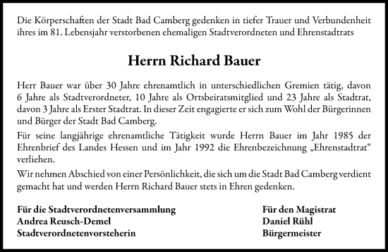 Traueranzeige von Richard Bauer von Camberger Anzeiger