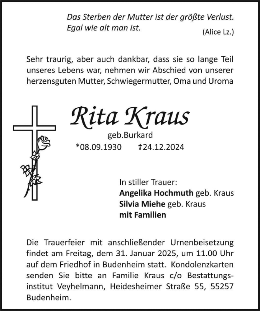  Traueranzeige für Rita Kraus vom 25.01.2025 aus Allgemeine Zeitung Mainz