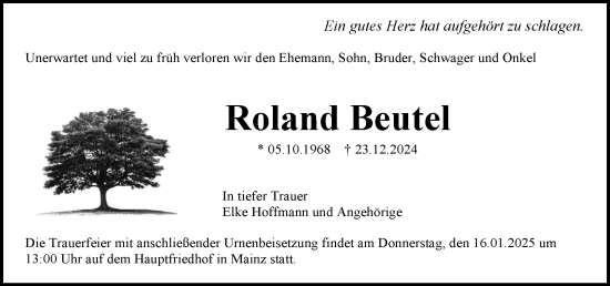 Traueranzeige von Roland Beutel von Allgemeine Zeitung Mainz