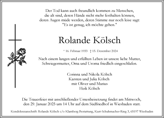 Traueranzeige von Rolande Kölsch von Wiesbadener Kurier
