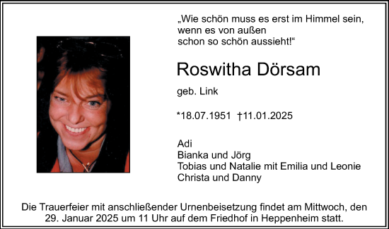Traueranzeige von Roswitha Dörsam von Starkenburger Echo