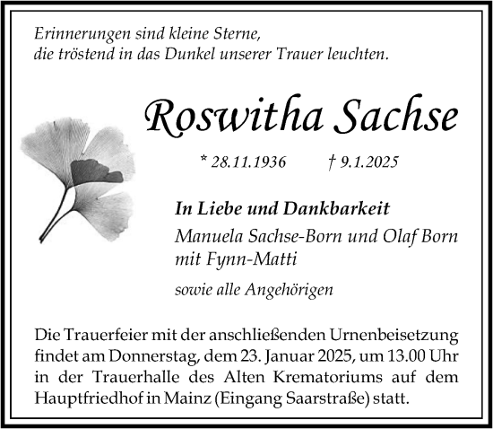 Traueranzeige von Roswitha Sachse von Allgemeine Zeitung Mainz