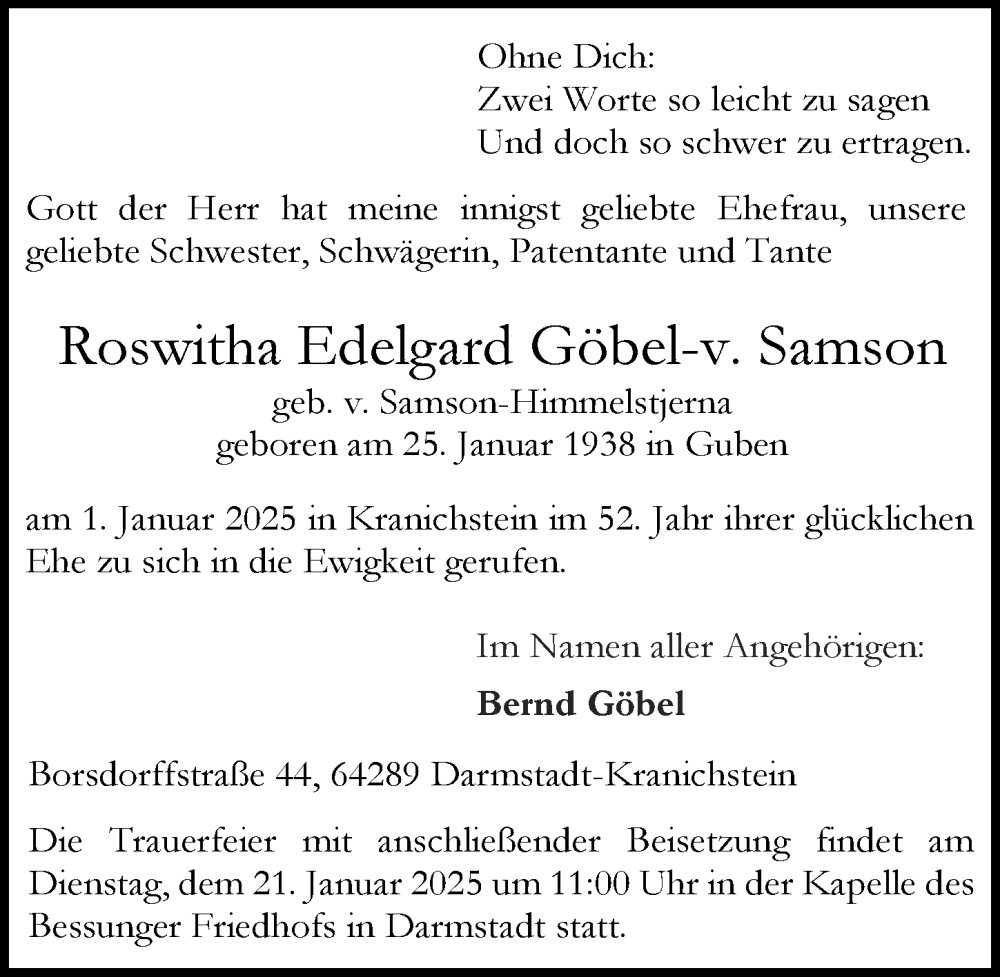  Traueranzeige für Roswitha Edelgard Göbel-v. Samson vom 15.01.2025 aus Darmstädter Echo