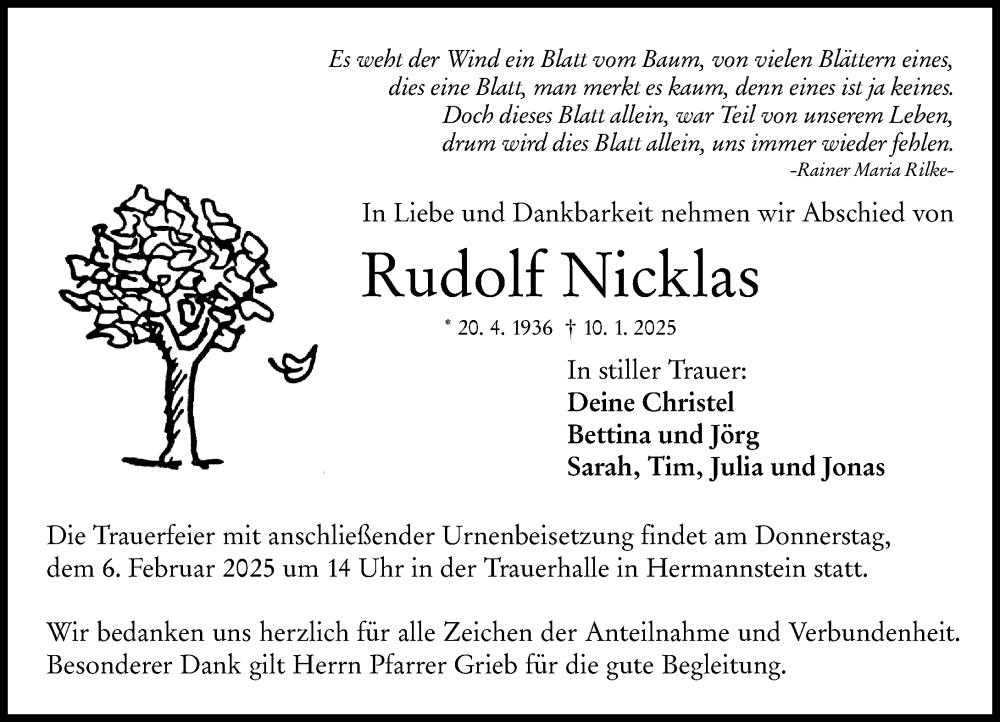  Traueranzeige für Rudolf Nicklas vom 25.01.2025 aus Wetzlarer Neue Zeitung