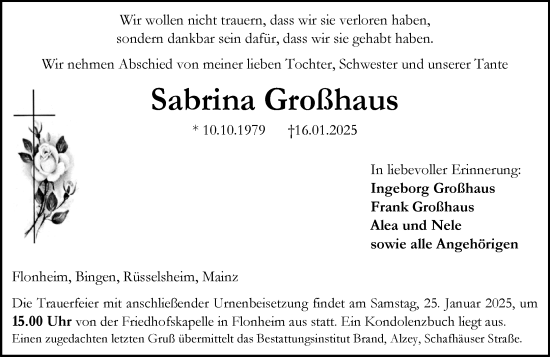 Traueranzeige von Sabrina Großhaus von Allgemeine Zeitung Alzey