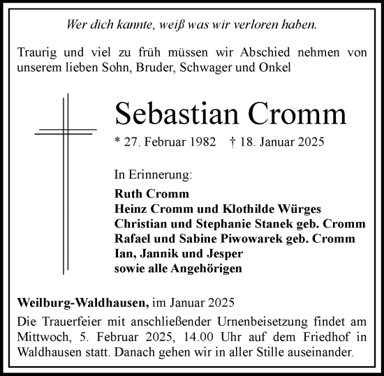 Traueranzeige von Sebastian Cromm von Weilburger Tageblatt
