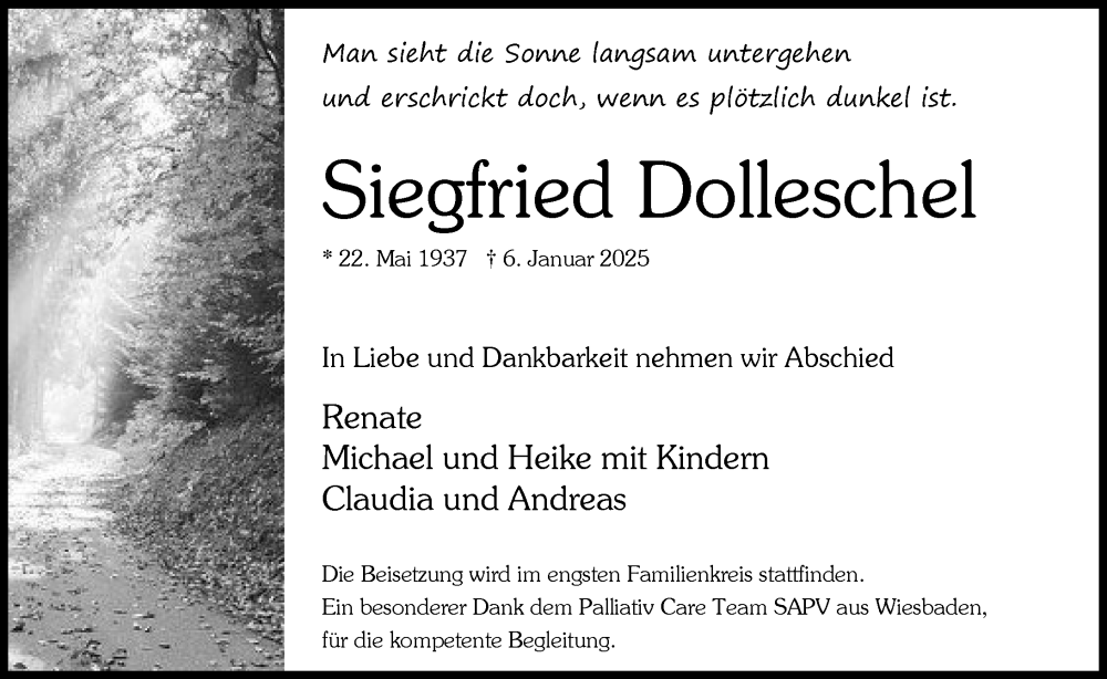  Traueranzeige für Siegfried Dolleschel vom 11.01.2025 aus Wiesbadener Kurier