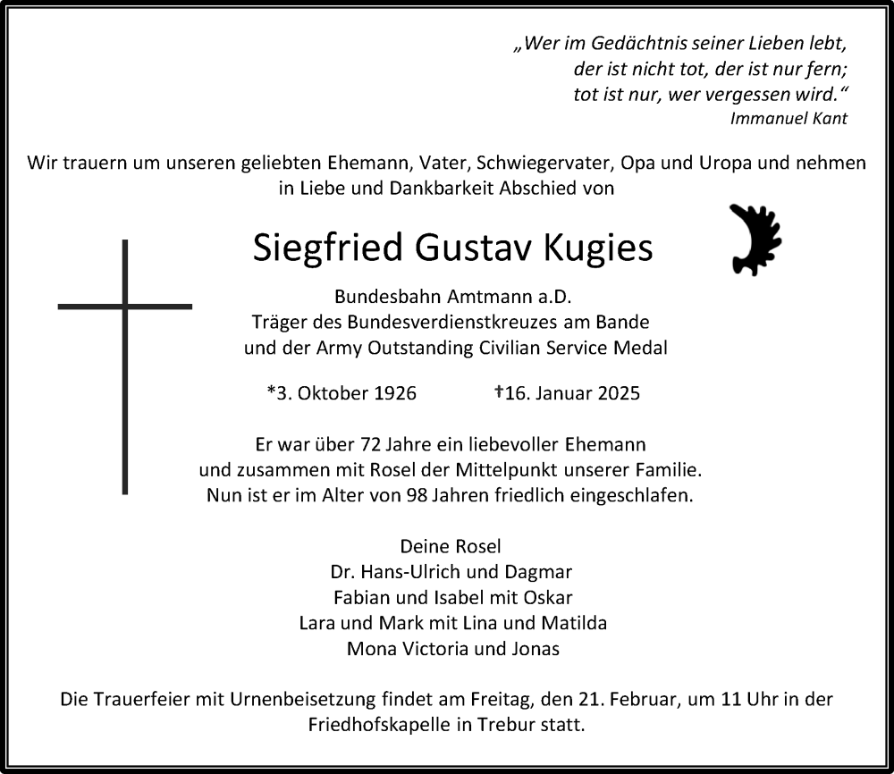 Traueranzeige für Siegfried Gustav Kugies vom 25.01.2025 aus Rüsselsheimer Echo