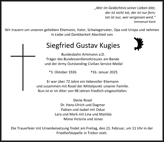 Traueranzeige von Siegfried Gustav Kugies von Rüsselsheimer Echo
