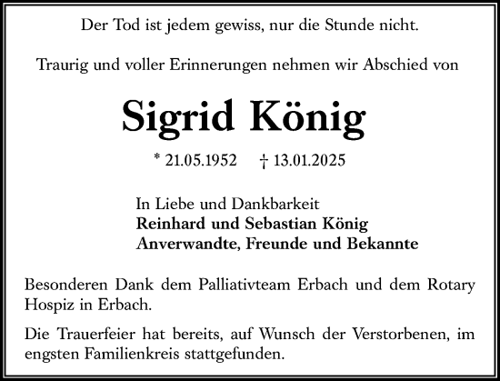 Traueranzeige von Sigrid König von Starkenburger Echo