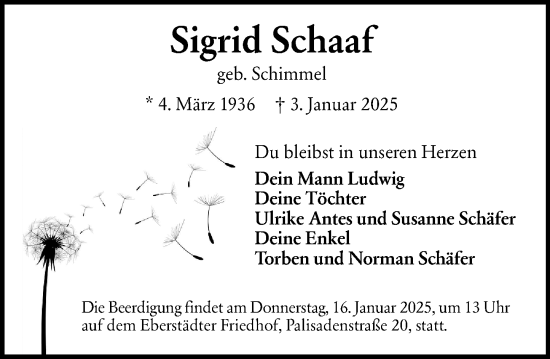 Traueranzeige von Sigrid Schaaf von Darmstädter Echo