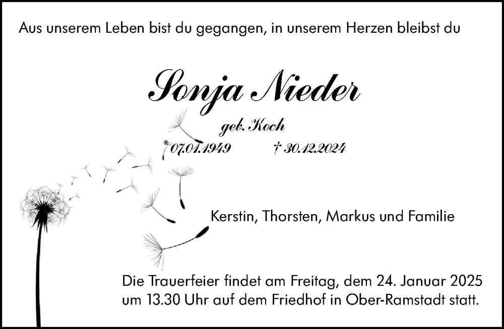  Traueranzeige für Sonja Nieder vom 18.01.2025 aus Darmstädter Echo