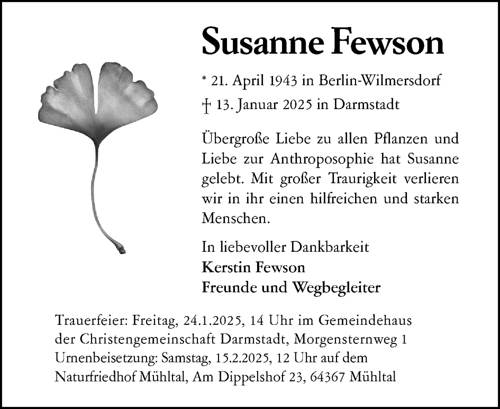  Traueranzeige für Susanne Fewson vom 18.01.2025 aus Darmstädter Echo