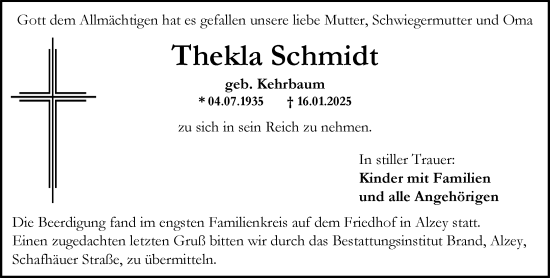 Traueranzeige von Thekla Schmidt von Allgemeine Zeitung Alzey