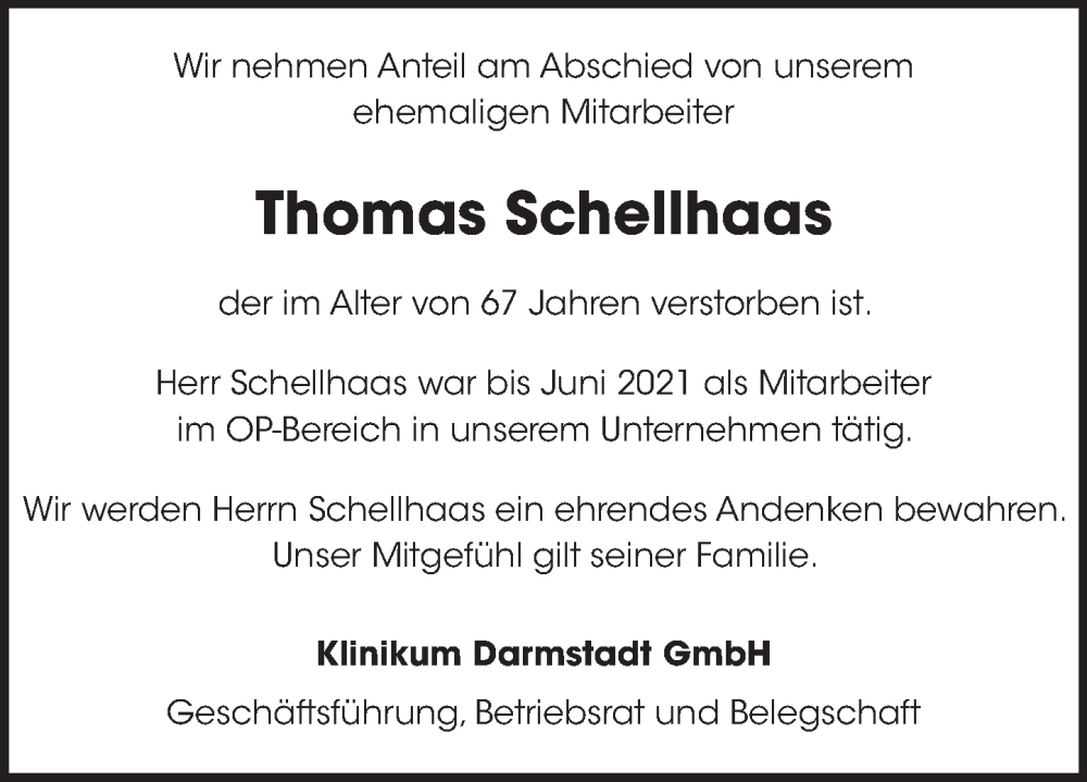  Traueranzeige für Thomas Schellhaas vom 11.01.2025 aus Darmstädter Echo