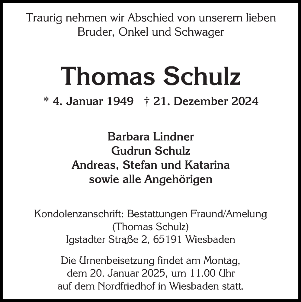  Traueranzeige für Thomas Schulz vom 11.01.2025 aus Wiesbadener Kurier