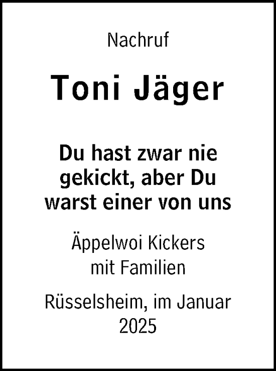 Traueranzeige von Toni Jäger von Rüsselsheimer Echo