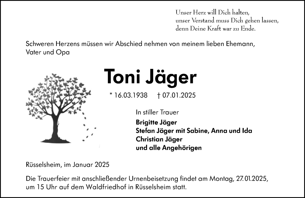  Traueranzeige für Toni Jäger vom 18.01.2025 aus Rüsselsheimer Echo