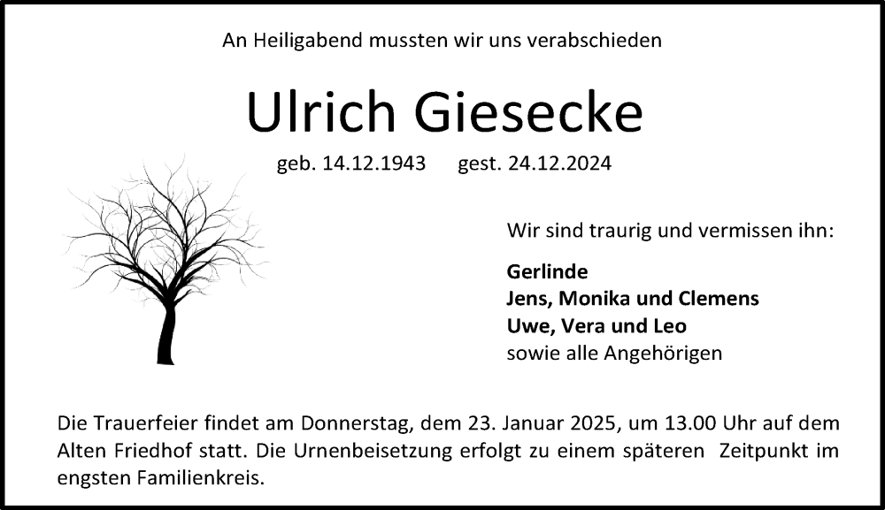  Traueranzeige für Ulrich Giesecke vom 11.01.2025 aus Darmstädter Echo