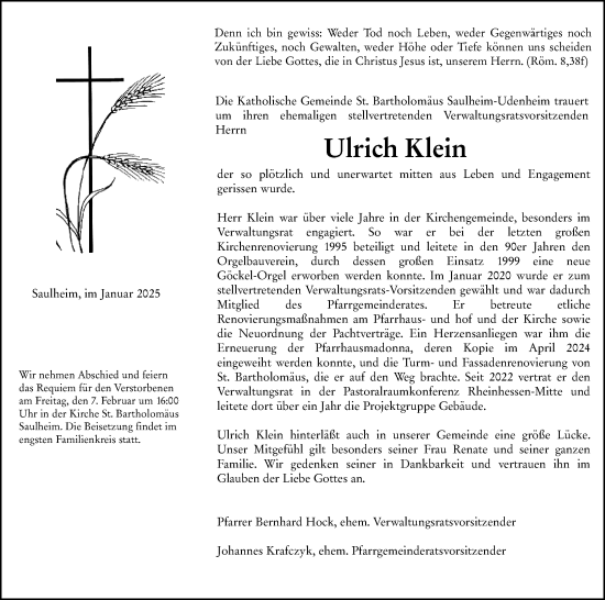 Traueranzeige von Ulrich Klein von Allgemeine Zeitung Alzey