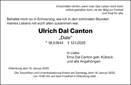 Traueranzeige von Ulrich Dal Canton von Dill Block
