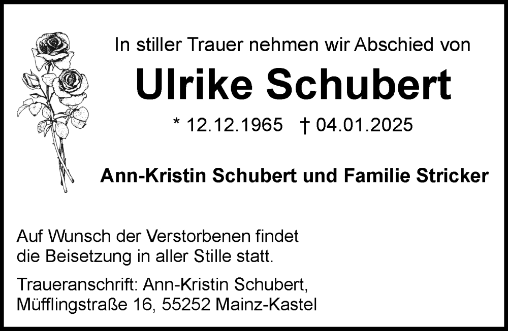  Traueranzeige für Ulrike Schubert vom 11.01.2025 aus Wiesbadener Kurier