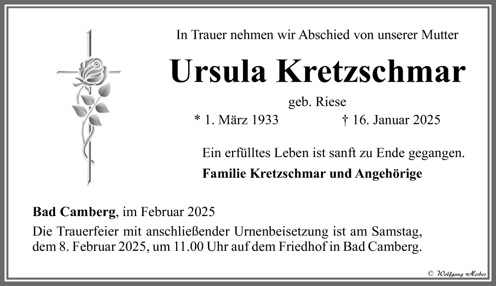  Traueranzeige für Ursula Kretzschmar vom 30.01.2025 aus Camberger Anzeiger