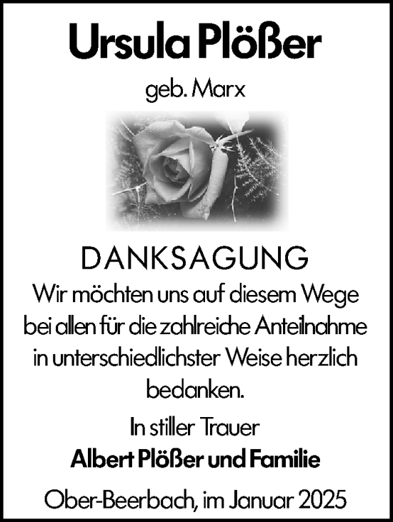 Traueranzeige von Ursula Plößer von Darmstädter Echo