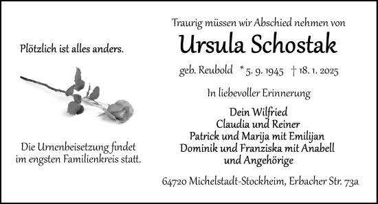Traueranzeige von Ursula Schostak von Odenwälder Echo
