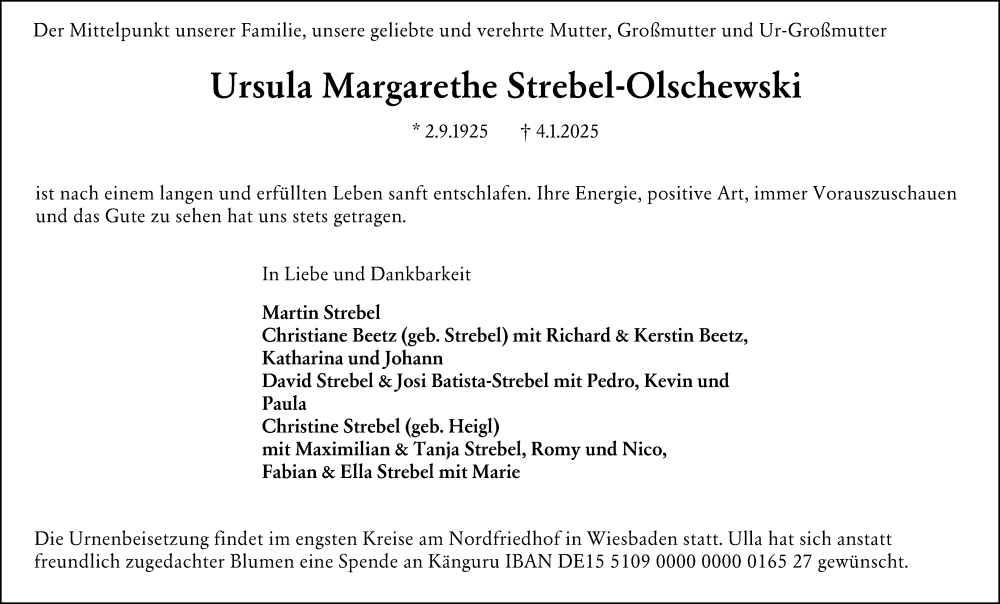  Traueranzeige für Ursula Margarethe Strebel-Olschewski vom 25.01.2025 aus Wiesbadener Kurier
