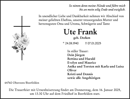 Traueranzeige von Ute Frank von Odenwälder Echo