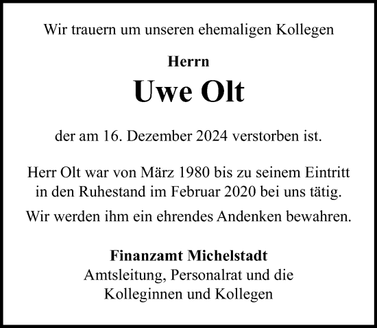 Traueranzeige von Uwe Olt von Odenwälder Echo