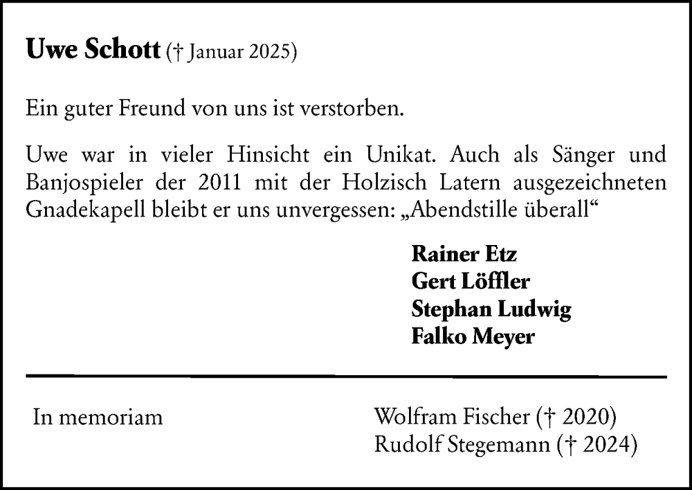  Traueranzeige für Uwe Schott vom 25.01.2025 aus Dieburger Anzeiger/Groß-Zimmerner Lokal-Anzeiger