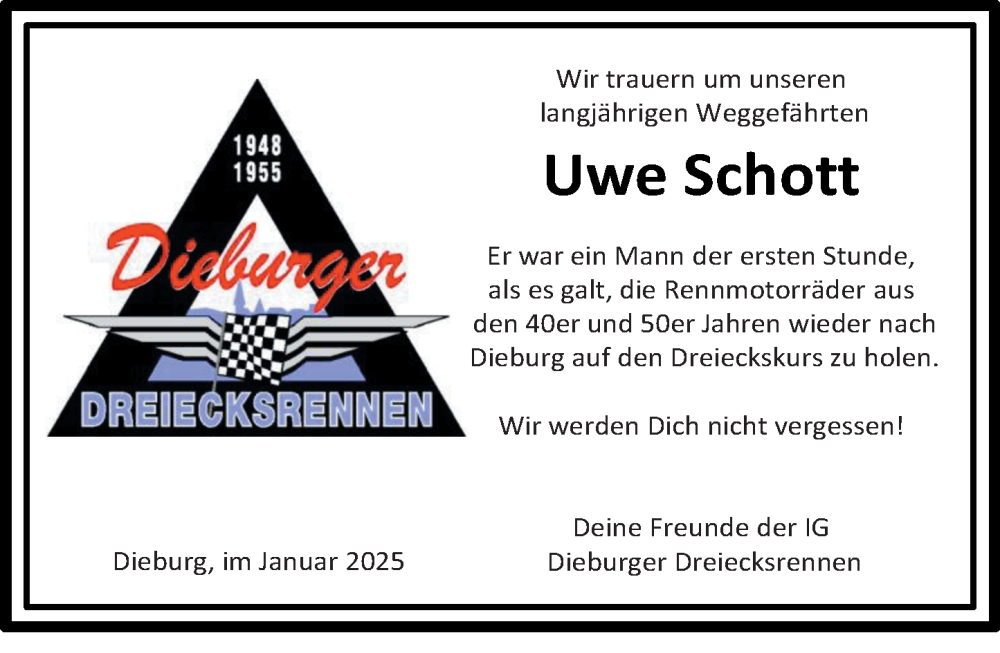  Traueranzeige für Uwe Schott vom 25.01.2025 aus Dieburger Anzeiger/Groß-Zimmerner Lokal-Anzeiger