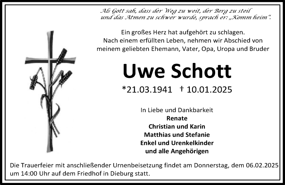  Traueranzeige für Uwe Schott vom 25.01.2025 aus Dieburger Anzeiger/Groß-Zimmerner Lokal-Anzeiger