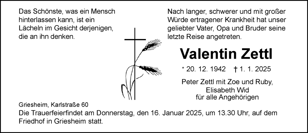  Traueranzeige für Valentin Zettl vom 11.01.2025 aus Darmstädter Echo