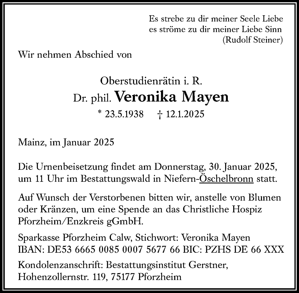 Traueranzeige für Veronika Mayen vom 25.01.2025 aus Allgemeine Zeitung Mainz