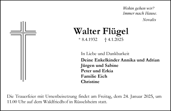 Traueranzeige von Walter Flügel von Rüsselsheimer Echo