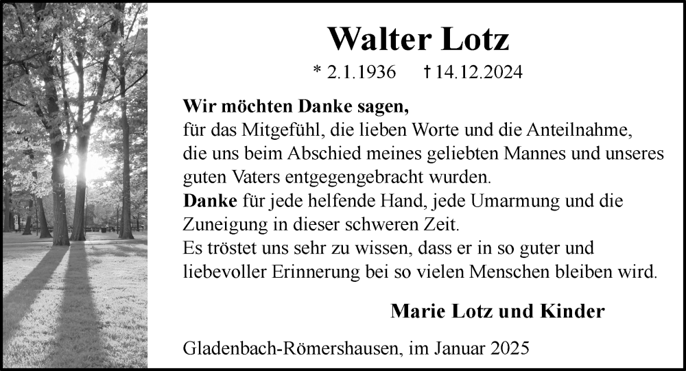  Traueranzeige für Walter Lotz vom 18.01.2025 aus Hinterländer Anzeiger