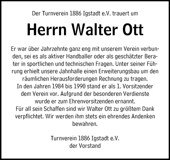 Traueranzeige von Walter Ott von Wiesbadener Kurier