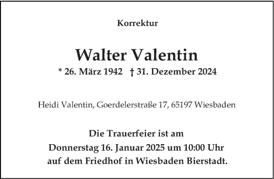 Traueranzeige von Walter Valentin von Wiesbadener Kurier