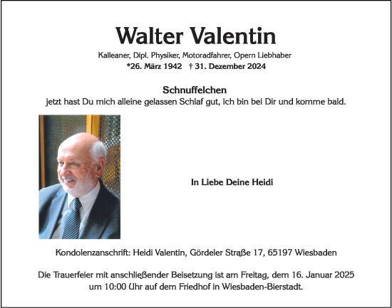 Traueranzeige von Walter Valentin von Wiesbadener Kurier