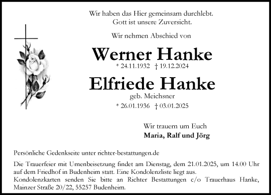 Traueranzeige von Werner Hanke von Allgemeine Zeitung Mainz