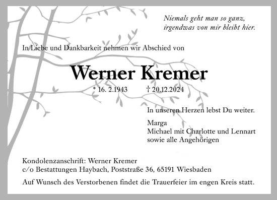 Traueranzeige von Werner Kremer von Wiesbadener Kurier